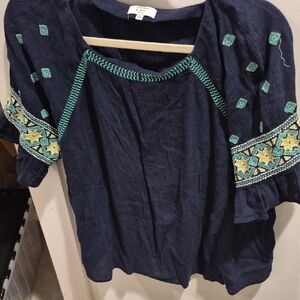 Crown & Ivy Dark Blue Blouse with Teal and Yellow Embroidery